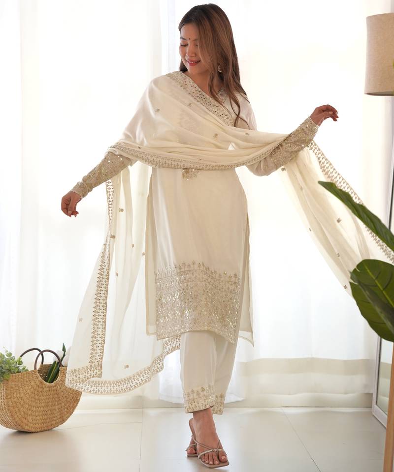 Cream embroidered sequins zari work pure chinon silk  kurta set