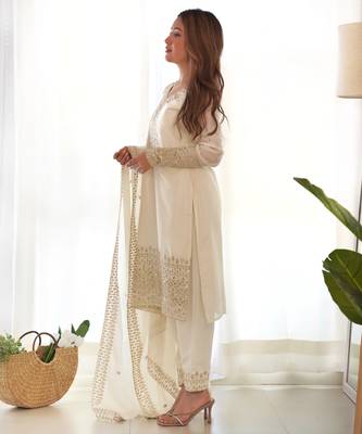 Cream embroidered sequins zari work pure chinon silk  kurta set 2