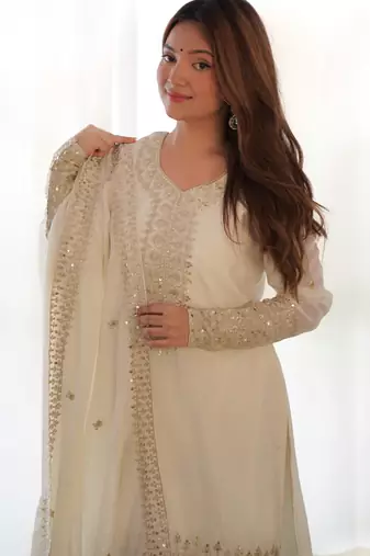 Cream embroidered sequins zari work pure chinon silk  kurta set