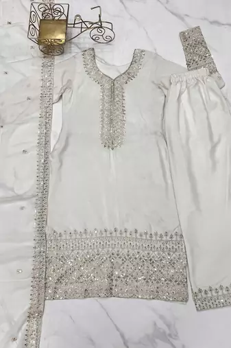 Cream embroidered sequins zari work pure chinon silk  kurta set