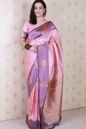 Pink soft silk zari weaving saree with matching blouse piece