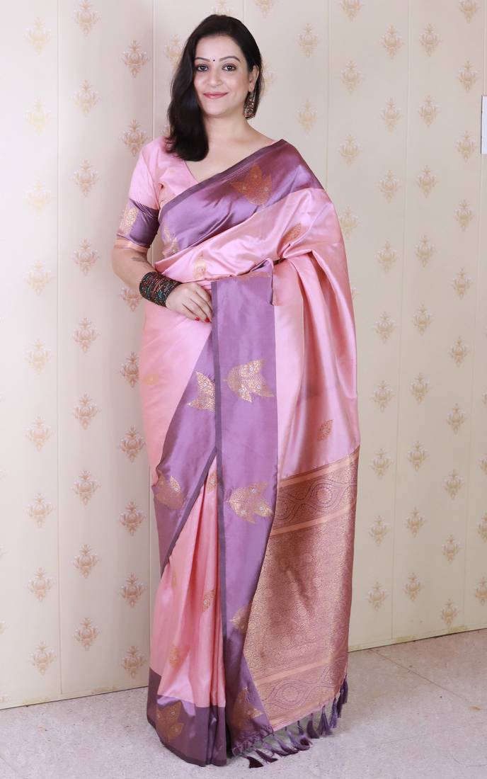 Pink soft silk zari weaving saree with matching blouse piece