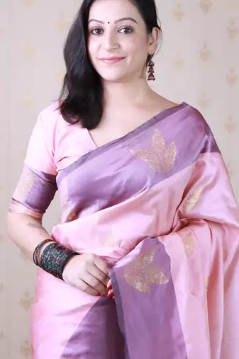 pink soft silk saree with zari woven work