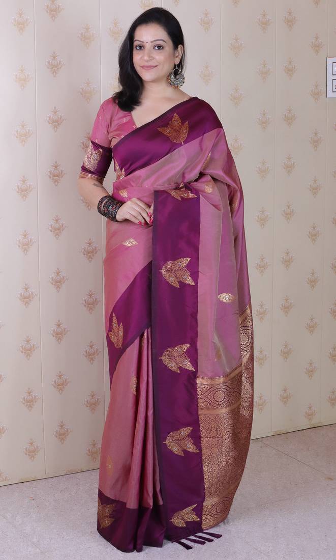 Mauve soft silk zari weaving saree with matching blouse piece