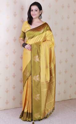 yellow soft silk saree with zari work 1