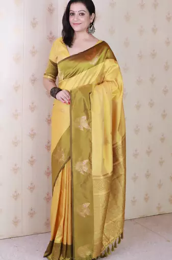 Yellow soft silk zari weaving saree with matching blouse piece