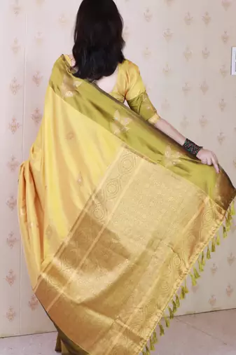 yellow soft silk saree with zari work