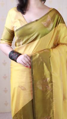 yellow soft silk saree with zari work 4