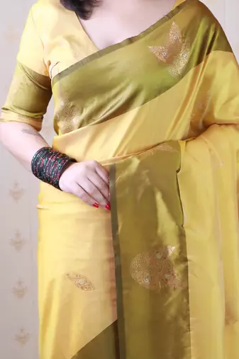yellow soft silk saree with zari work