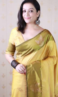 yellow soft silk saree with zari work 5