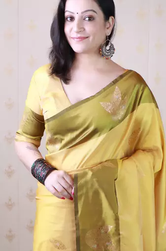 yellow soft silk saree with zari work