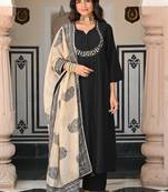 Black women viscose embroidered kurta with viscose bottom and chanderi print dupatta set
