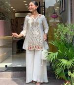 Off white women silk embroidered kurta with silk palazzo set – full inner ethnic wear