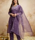 Purple women chanderi embroidered kurta with chanderi bottom and viscose organza embroidered dupatta set