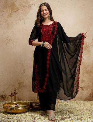 Black women georgette embroidered kurta with embroidered bottom and georgette dupatta set 1