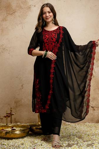 Black women georgette embroidered kurta with embroidered bottom and georgette dupatta set