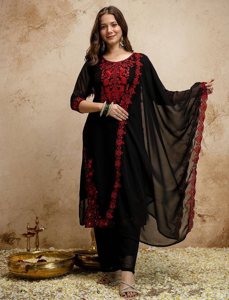 Black women georgette embroidered kurta with embroidered bottom and georgette dupatta set