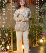 Cream women heavy crepe silk embroidered top with solid crepe silk bottom set