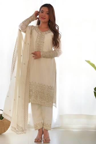 White women pure chinon silk embroidered kurta with heavy silk pant and embroidered dupatta set     ready to wear
