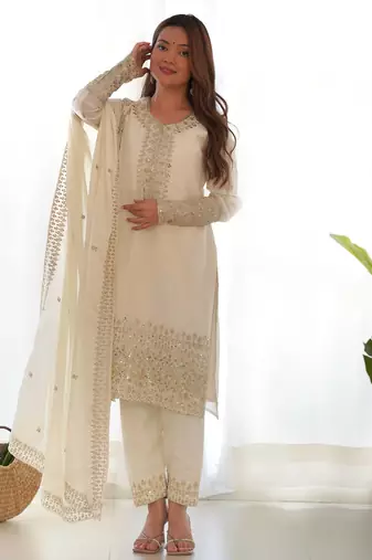 White women pure chinon silk embroidered kurta with heavy silk pant and embroidered dupatta set     ready to wear