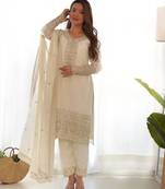 White women pure chinon silk embroidered kurta with heavy silk pant and embroidered dupatta set ready to wear
