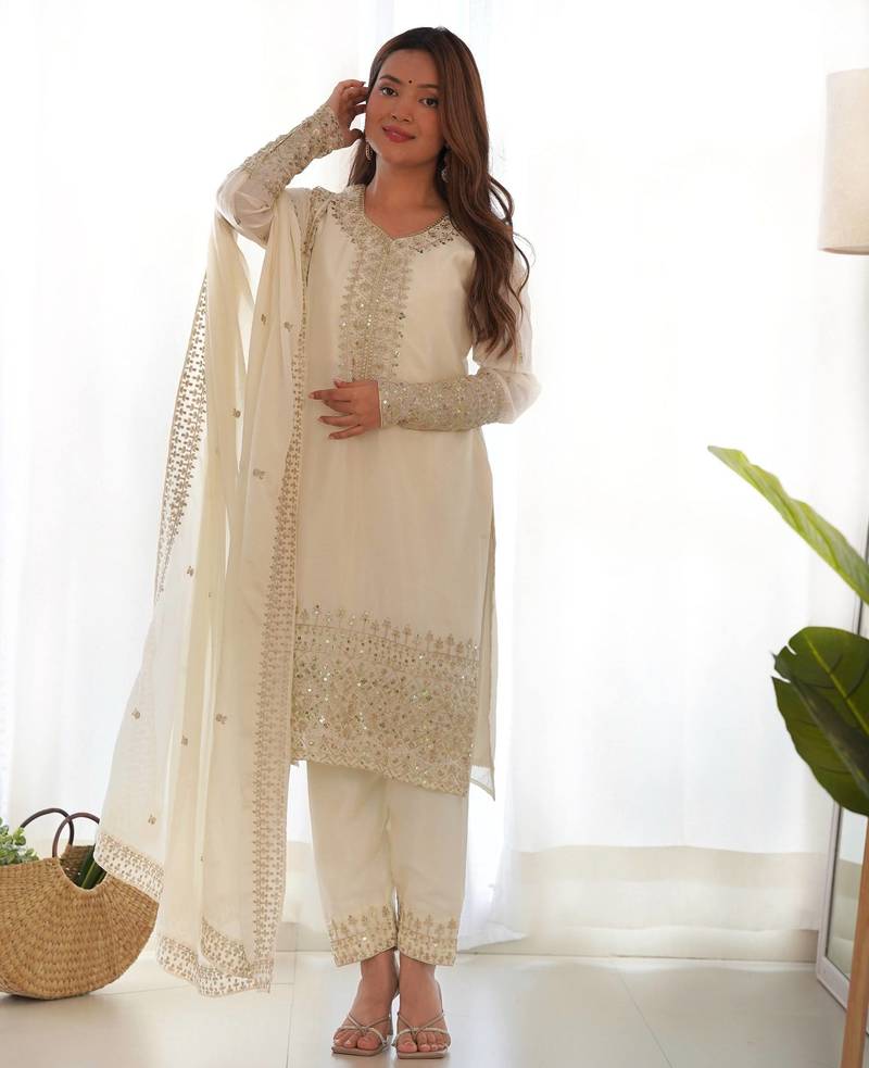 White women pure chinon silk embroidered kurta with heavy silk pant and embroidered dupatta set – ready to wear