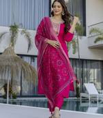 Pink women chanderi cotton embroidered kurti with chanderi bottom and jacquard organza printed dupatta set