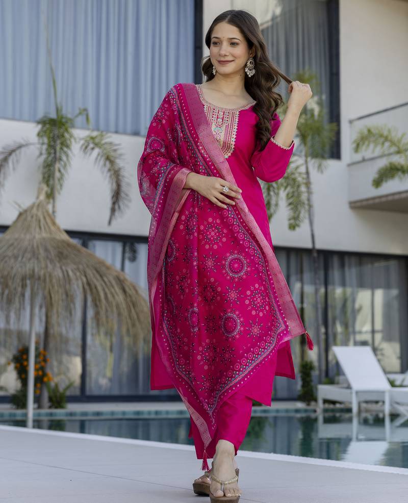 Pink women chanderi cotton embroidered kurti with chanderi bottom and jacquard organza printed dupatta set