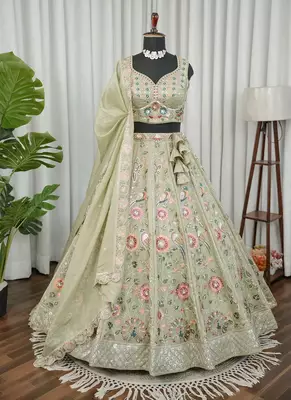 Light Green Embroidered Thread & Sequins Crush Silk Lehenga Choli with Dupatta 1