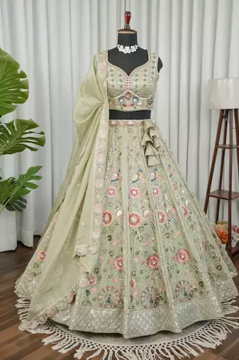 Light Green Embroidered Thread & Sequins Crush Silk Lehenga Choli with Dupatta