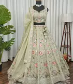 Light Green Embroidered Thread & Sequins Crush Silk Lehenga Choli with Dupatta