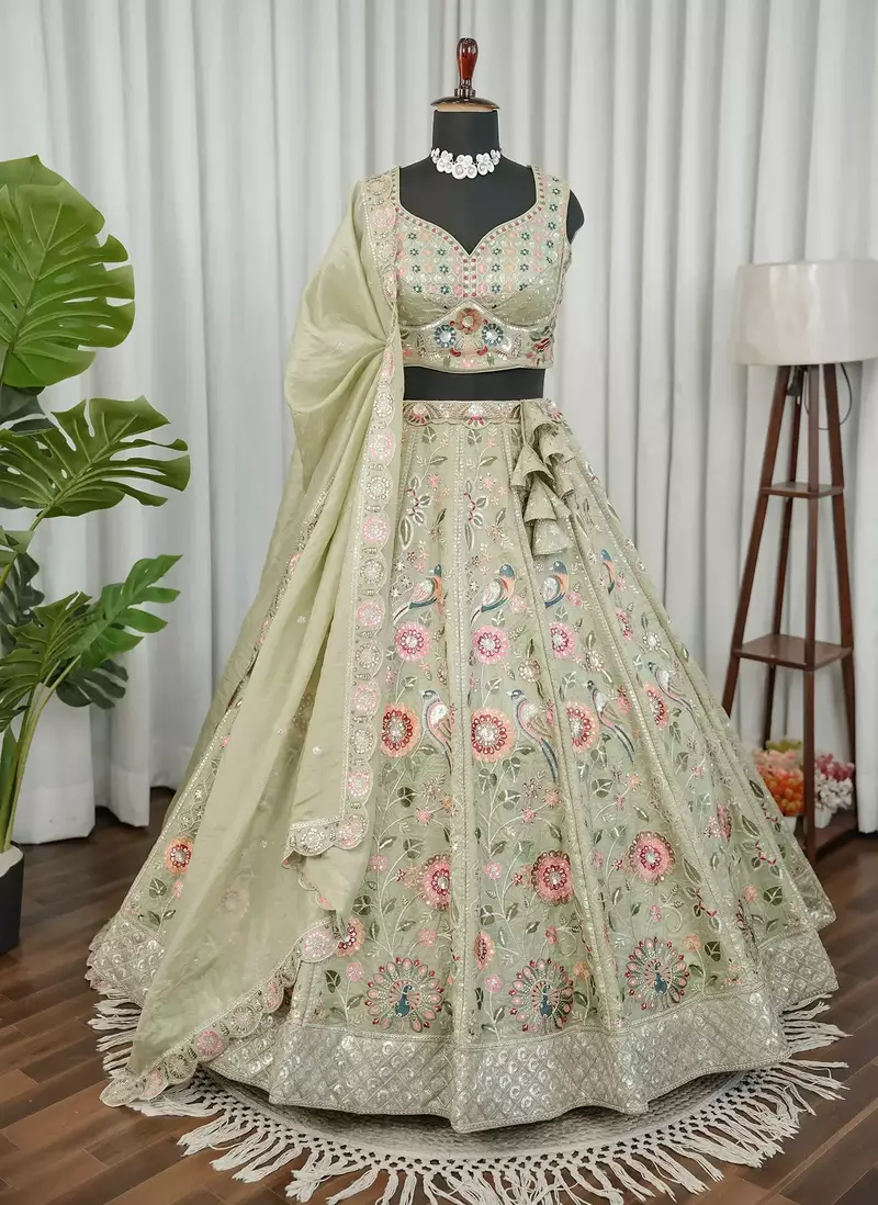 Light Green Embroidered Thread & Sequins Crush Silk Lehenga Choli with Dupatta