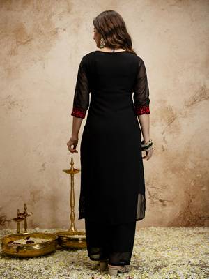 Black women georgette embroidered kurta with embroidered bottom and georgette dupatta set 2