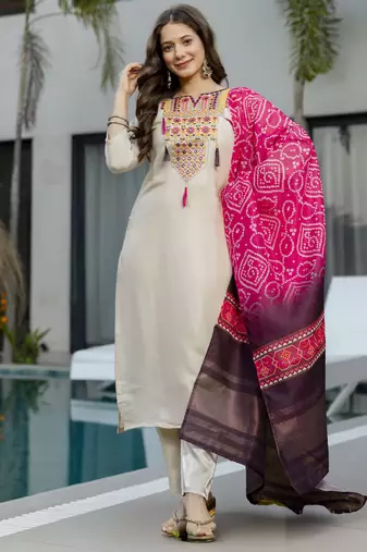 Cream women viscose shimmer embroidered kurti with viscose shimmer bottom and lagdi patta printed dupatta set