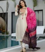 Cream women viscose shimmer embroidered kurti with viscose shimmer bottom and lagdi patta printed dupatta set