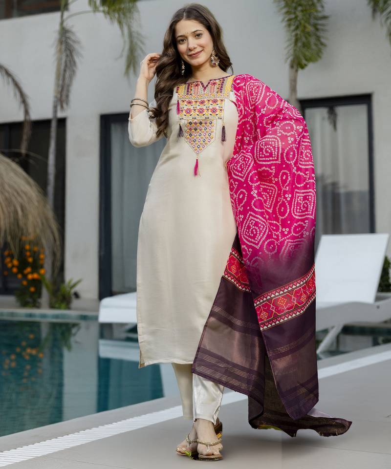 Cream women viscose shimmer embroidered kurti with viscose shimmer bottom and lagdi patta printed dupatta set