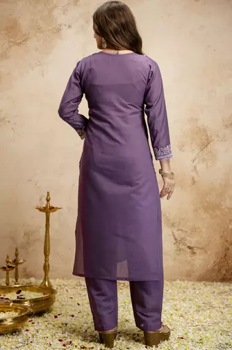 Purple women chanderi embroidered kurta with chanderi bottom and viscose organza embroidered dupatta set