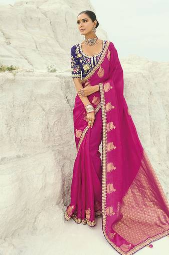 Organza viscose satin embroidered rani pink saree