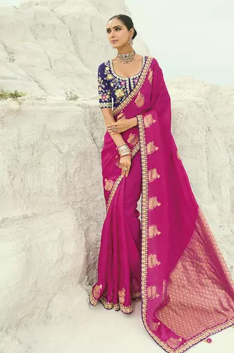 Organza viscose satin embroidered rani pink saree