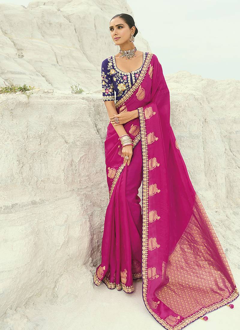 Organza viscose satin embroidered rani pink saree