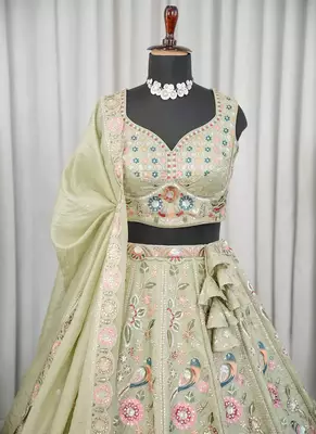 Light Green Embroidered Thread & Sequins Crush Silk Lehenga Choli with Dupatta 2