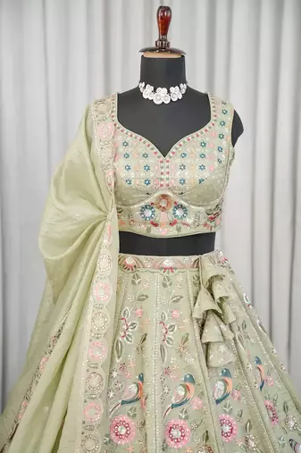 Light Green Embroidered Thread & Sequins Crush Silk Lehenga Choli with Dupatta
