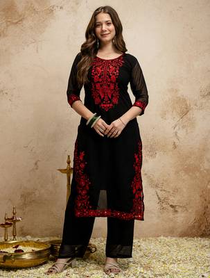 Black women georgette embroidered kurta with embroidered bottom and georgette dupatta set 3