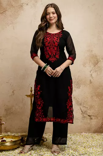 Black women georgette embroidered kurta with embroidered bottom and georgette dupatta set
