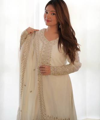 White women pure chinon silk embroidered kurta with heavy silk pant and embroidered dupatta set ready to wear 3