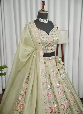 Light Green Embroidered Thread & Sequins Crush Silk Lehenga Choli with Dupatta 3