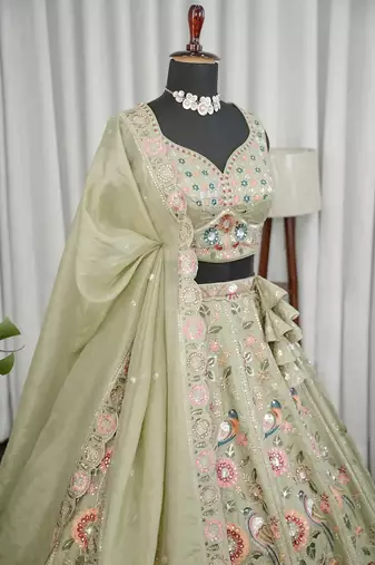 Light Green Embroidered Thread & Sequins Crush Silk Lehenga Choli with Dupatta