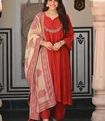 Orange women viscose embroidered kurta with viscose bottom and chanderi print dupatta set