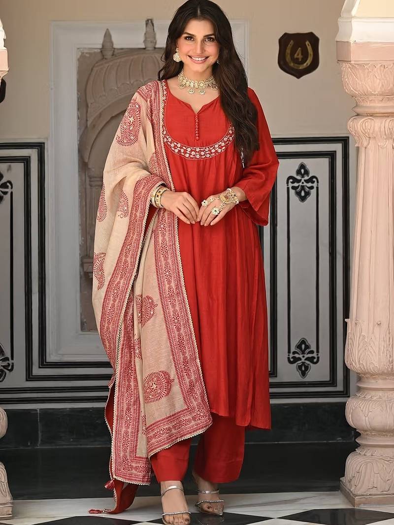 Orange women viscose embroidered kurta with viscose bottom and chanderi print dupatta set