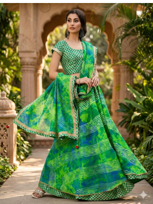 green silk lehenga with printed and lace work 1